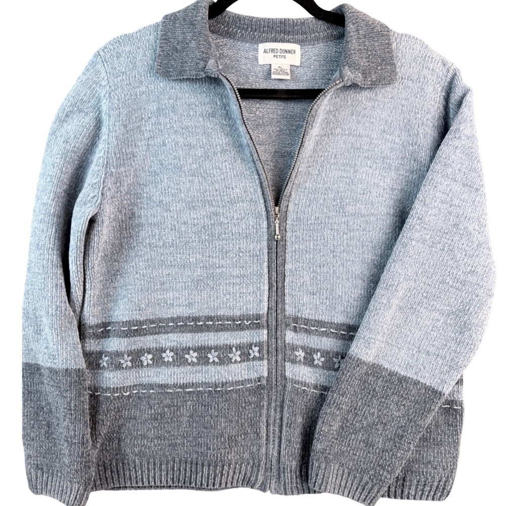 Alfred Dunner Petite Blue Grey Chenille Full Zip Floral Embroidered Sweater PL